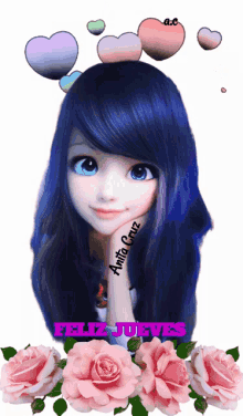 a picture of a girl with blue hair and the words feliz jueves on the bottom