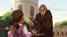 a man in a cape is talking to another man with the words " you spice spice it " below him