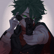 a drawing of a person with green hair holding a gun in front of their face