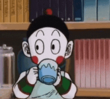 a cartoon character from dragon ball z is drinking from a blue cup .