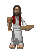 a cartoon of jesus holding a cup and a loaf of bread