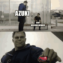 hulk holding a red bean with a smiley face and the words azuki new discord member