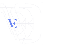 a blue letter e is surrounded by lines on a white background