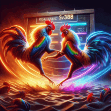 two colorful roosters are standing in front of a sign that says real faic sv388