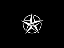 a black and white star with a skull in the middle on a black background .