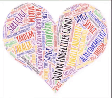 a heart shaped word cloud with the word sevgi on it