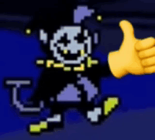 a pixel art character giving a thumbs up