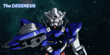 a blue and white robot with the words " the degenesis " on the bottom