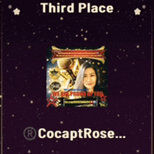 a picture of a woman with the words third place cocaprose on the bottom