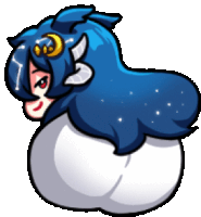 a cartoon character with blue hair and horns has a crescent moon on her head