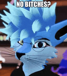 a blue furry cartoon character with glasses and a spiky haircut .