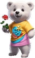 a teddy bear wearing a yellow shirt and a pink skirt holds a red rose