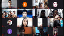 a group of people are having a video call with the letters l and e visible