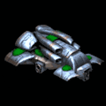 a computer generated image of a silver vehicle with green wheels and a black background .