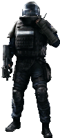 a man in a military uniform holding a gun and a walkie talkie