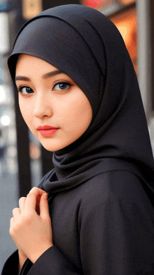 a woman wearing a black hijab looks at the camera with her hand on her neck