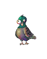 a cartoon drawing of a pigeon with big eyes and a green head