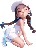 a cartoon girl wearing a white hat with the letter ke on it