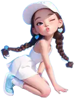 a cartoon girl wearing a white hat with the letter ke on it