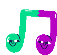 a green and purple music note with smiley faces