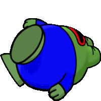 a cartoon of a green frog wearing a blue shirt and pants .