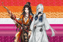 two anime characters are standing next to each other with a pink and orange background