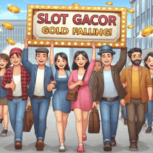 a group of people are walking down a street holding a sign that says slot gacor gold falling