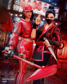 two women are standing next to each other in a red outfit holding swords .