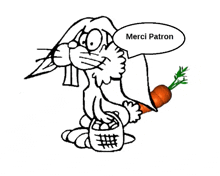 a black and white drawing of a bunny holding a carrot with a speech bubble that says merci patron