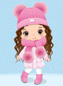 a little girl wearing a pink hat and scarf is standing in the snow