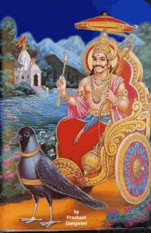 a painting of a man sitting in a carriage with a bird next to him by prashant gangwani