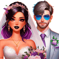 an illustration of a bride and groom with the bride wearing purple hair