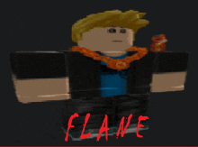 a pixel art of a man with the word flame written in red