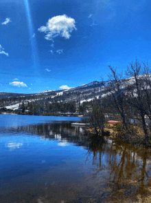 a lake surrounded by snowy mountains and trees