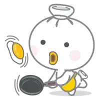 a cartoon character is holding a frying pan with an egg flying in the background