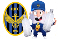 a logo for iufc 2003 with a cartoon character holding two bottles