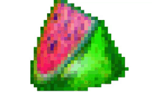 a pixel art illustration of a watermelon slice on a white background .