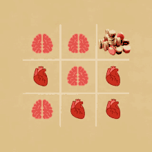 a tic tac toe game with brains and hearts on a tan background