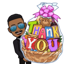 a man is holding a thank you basket