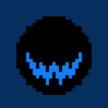 a pixel art drawing of a black circle with blue teeth