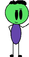 a stick figure with a green head and a purple body is standing with his hands on his hips .