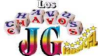 a colorful logo for los chavos jg musical with dice and stars