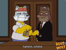 a cartoon of a wolf giving money to a homer simpson character