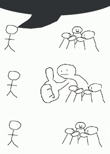 a group of stick figures standing next to each other with a speech bubble above them