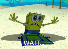 a cartoon of spongebob laying on a rug with the word wait written on it