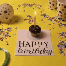 a cupcake with a lit candle on top of a happy birthday card