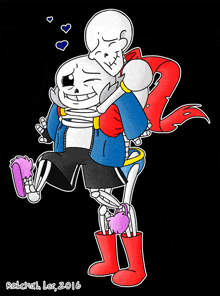 a drawing of a skeleton carrying another skeleton with the year 2016 on the bottom