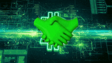 a green handshake in front of a digital background that says steam