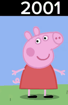 a poster of peppa pig from 2001 with a blue sky in the background