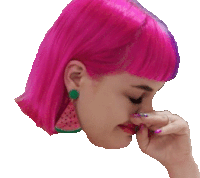 a woman with bright pink hair is covering her nose with her hand